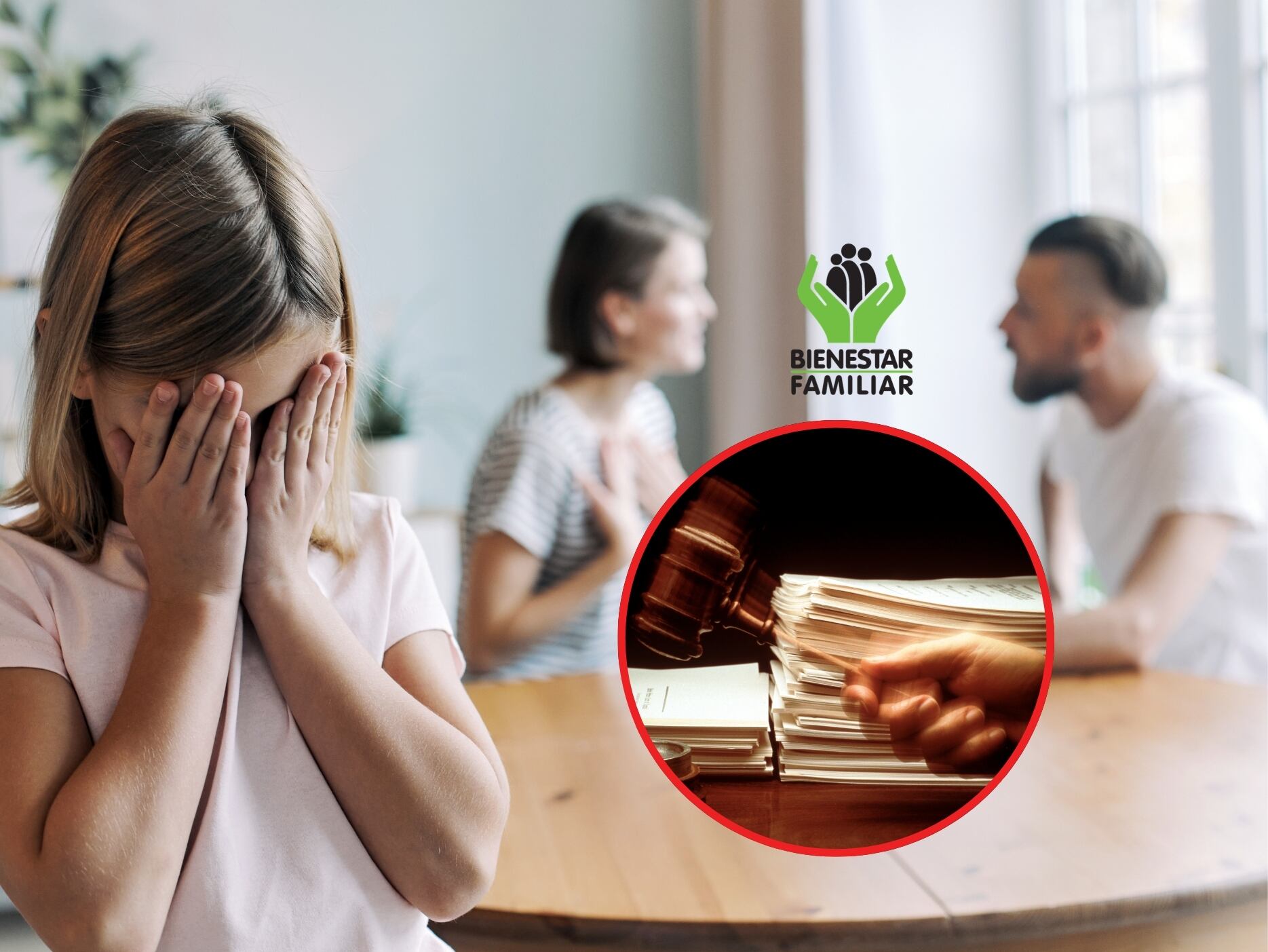 En portada: Menor de edad angustiada porque de fondo están sus padres discutiendo. Como imágenes ilustrativas, logo del ICBF y un juez dictando sentencia (Crédito: Getty Images / ICBF)