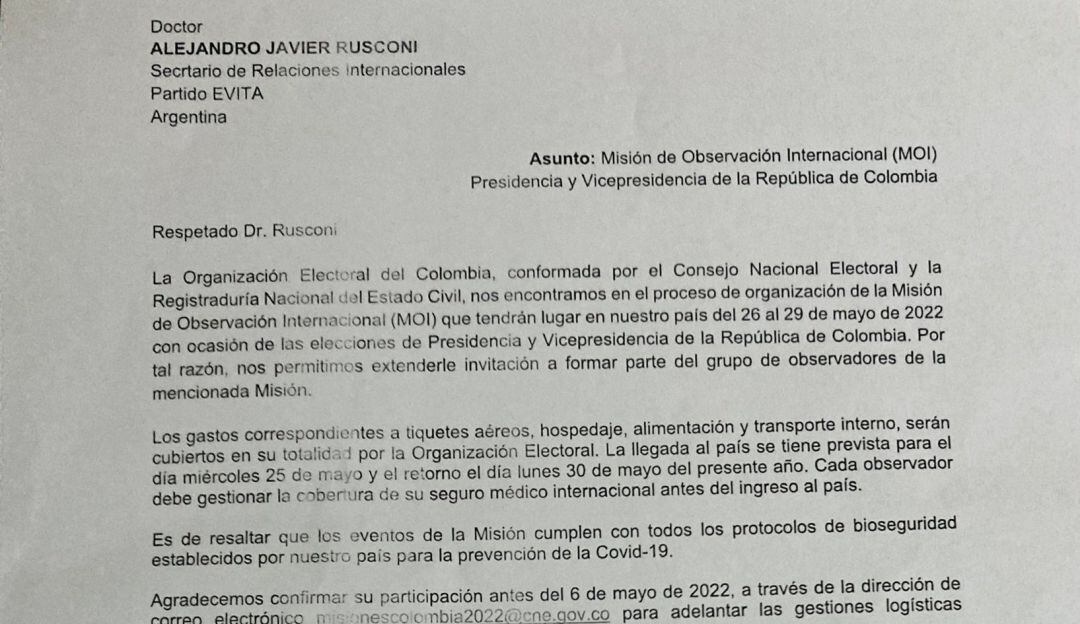 La carta de invitación enviada a Alejandro Rusconi