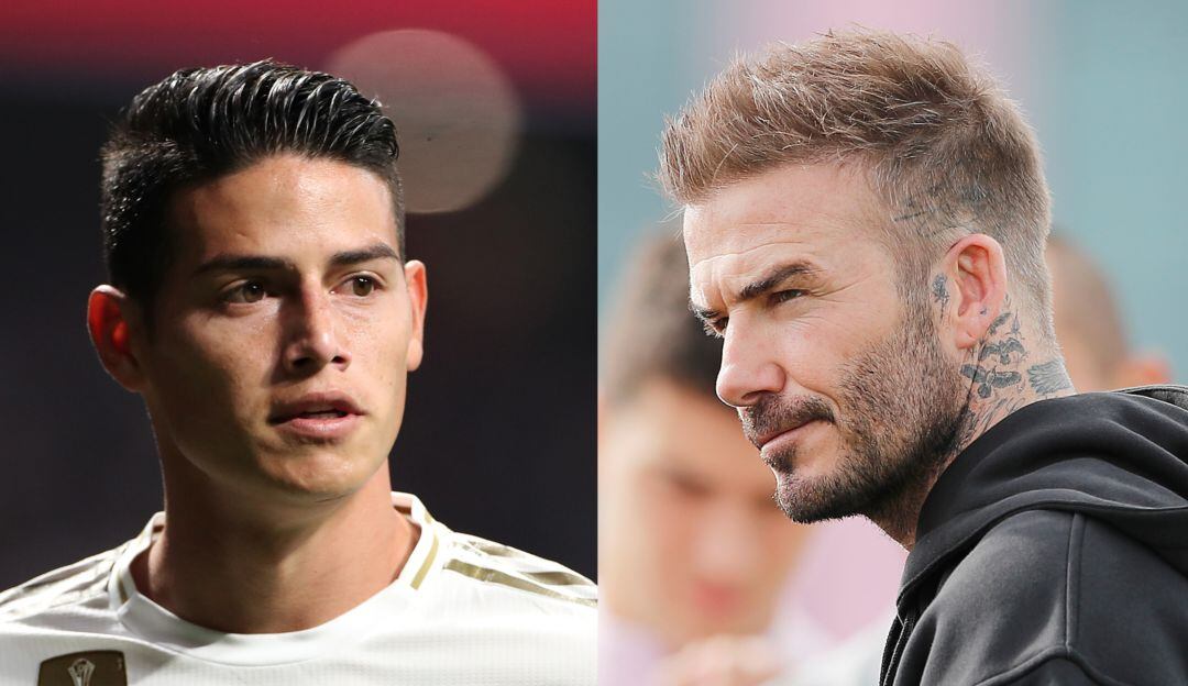 James Rodríguez (izq.) junto a David Beckham (der.).