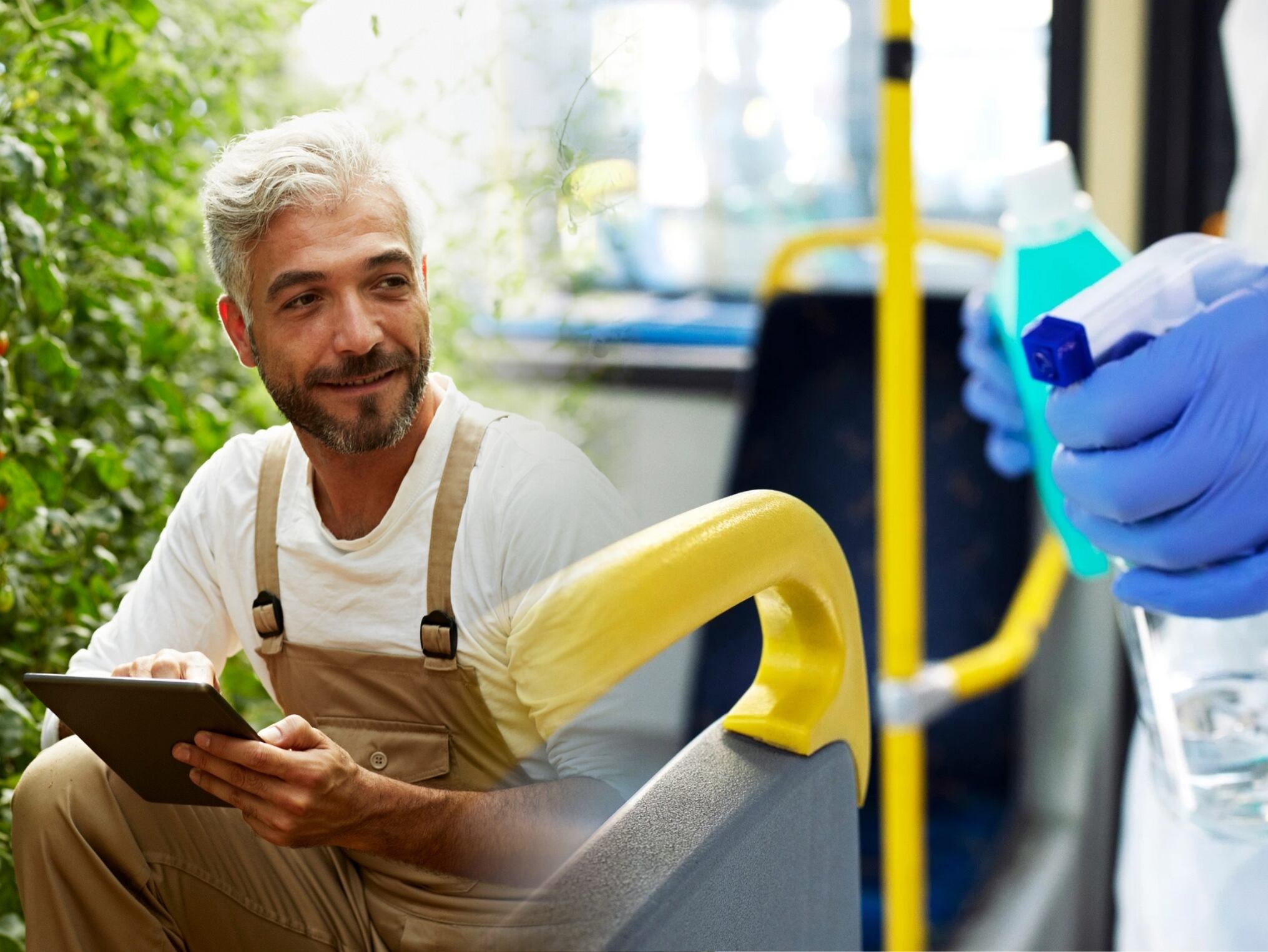 A la izquierda: Imagen de referencia de un operario de cultivo revisando sus cosechas. A la derecha: Imagen ilustrativa de un operario limpiando buses (Crédito: Getty Images)
