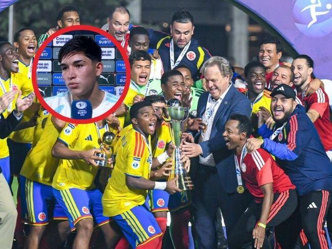 Los jugadores y cuerpo técnico de la Selección Colombia celebran el título del Sudamericano Sub-17 / Twitter: @FCFSeleccionCol