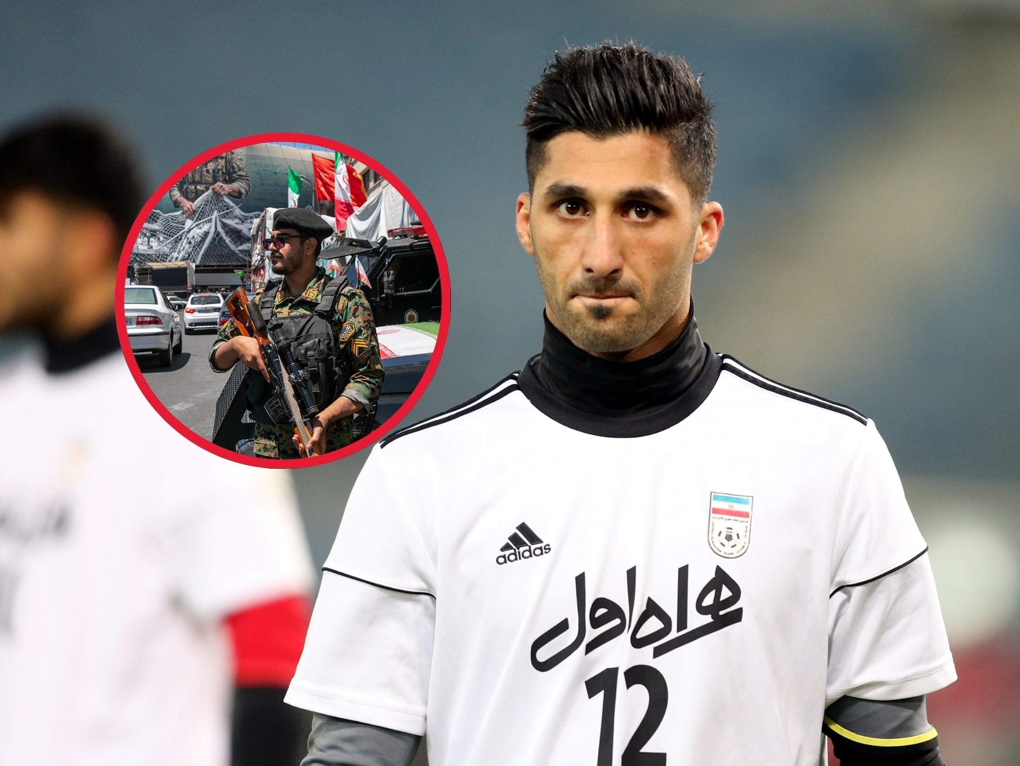 Mohammad Rashid Mazaheri, arquero iraní que ha sido encarcelado por el gobierno Ayatolá. A la izquierda hay una imagen de referencia de la policía de Irán (Crédito: Majid Saeedi / Getty Images)