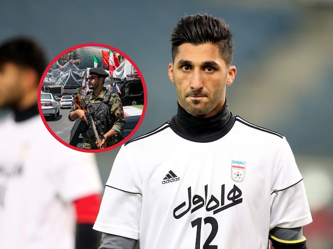 Mohammad Rashid Mazaheri, arquero iraní que ha sido encarcelado por el gobierno Ayatolá. A la izquierda hay una imagen de referencia de la policía de Irán (Crédito: Majid Saeedi / Getty Images)