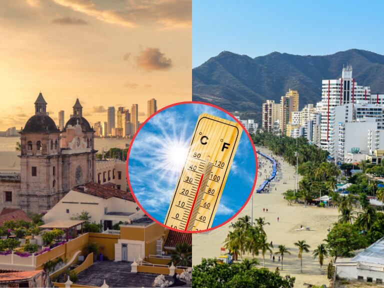 Panorámica de la ciudad de Cartagena, Bolívar y panorámica de la ciudad de Santa Marta, Magdalenta / Termómetro de madera que muestra alta temperatura sobre fondo de cielo azul (Getty Images)
