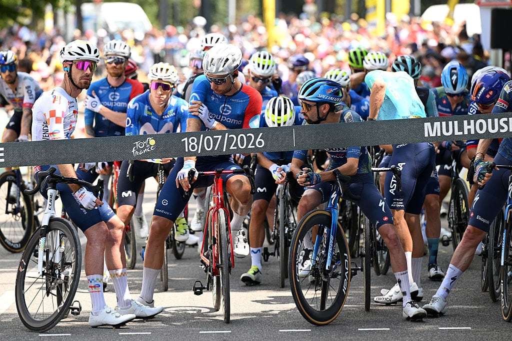 MULHOUSE, FRANCE - JULY 18: (L-R) Joris Delbove of France and Team TotalEnergies, Clement Russo of France and Team Groupama - FDJ United and Valentin Paret-Peintre of France and Team Soudal Quick-Step prior to the 113th Tour de France 2026 - Stage 14 a 155.3km a 155.3km stage from Mulhouse to Le Markstein 1189m / #UCIWT / on July 18, 2026 in Mulhouse, France. (Photo by Dario Belingheri/Getty Images)