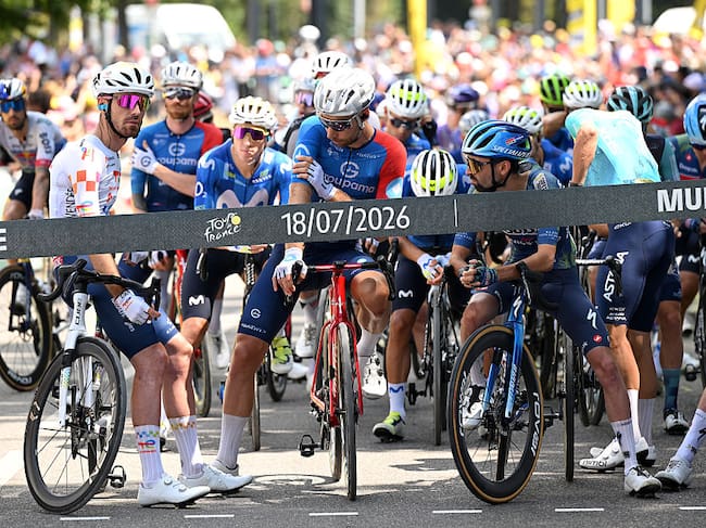 MULHOUSE, FRANCE - JULY 18: (L-R) Joris Delbove of France and Team TotalEnergies, Clement Russo of France and Team Groupama - FDJ United and Valentin Paret-Peintre of France and Team Soudal Quick-Step prior to the 113th Tour de France 2026 - Stage 14 a 155.3km a 155.3km stage from Mulhouse to Le Markstein 1189m / #UCIWT / on July 18, 2026 in Mulhouse, France. (Photo by Dario Belingheri/Getty Images)