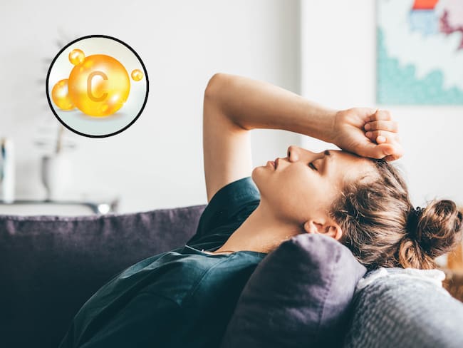 Persona con debilidad corporal y de fondo una figura ilustrando la vitamina C (Fotos vía Getty Images)