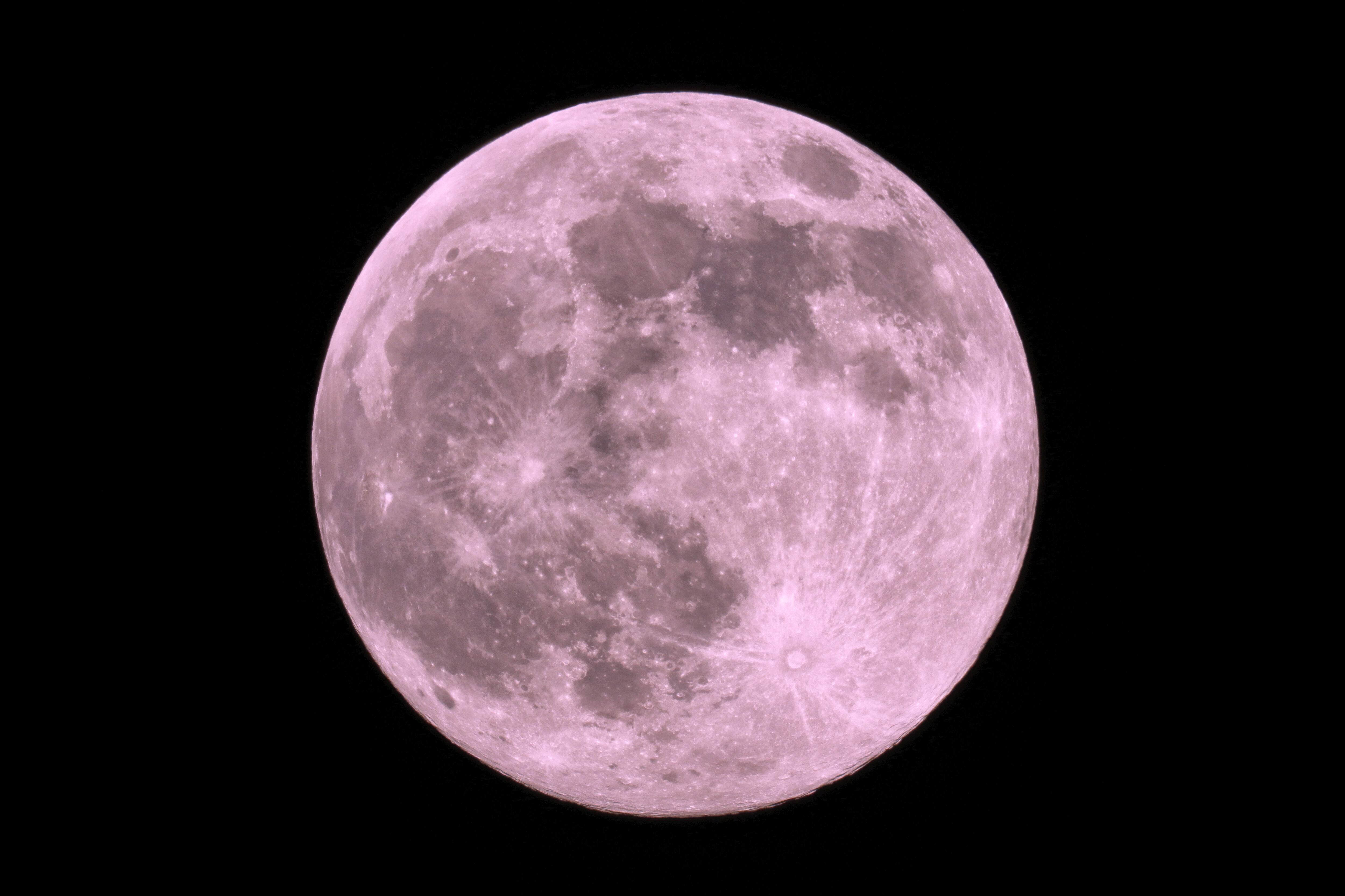 Vista de la super Luna rosa llena. Imagen tomada durante la noche del 26/27 de abril de 2021. Foto: Getty Images.