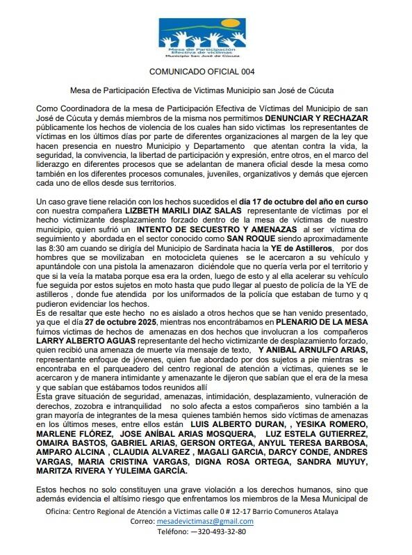 Comunicado de la Mesa de Víctimas de Cúcuta. / Foto: Cortesía.