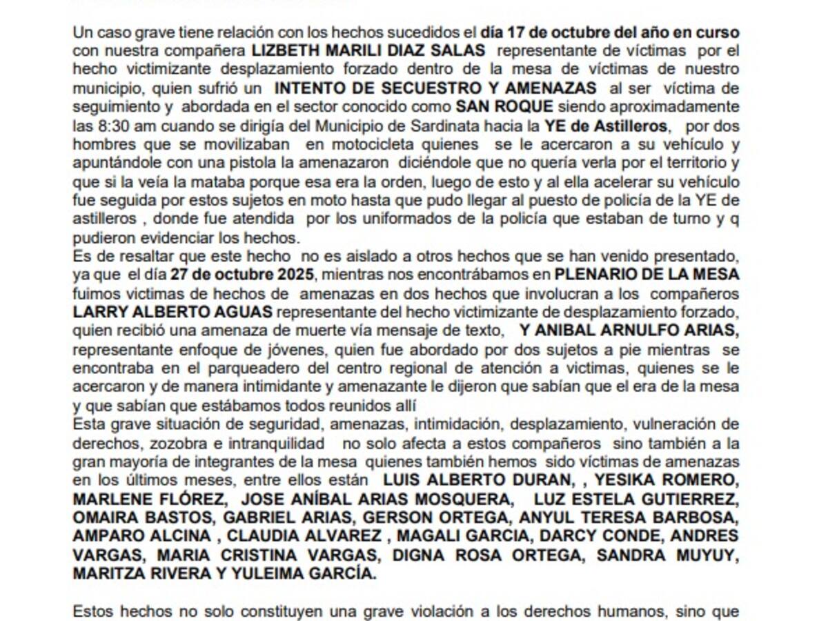 Líderes de víctimas en Cúcuta denuncian amenazas e intento de secuestro