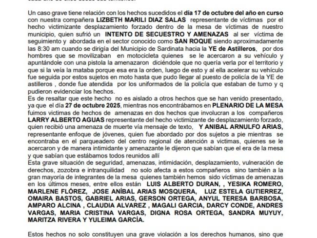 Comunicado de la Mesa de Víctimas de Cúcuta. / Foto: Cortesía.