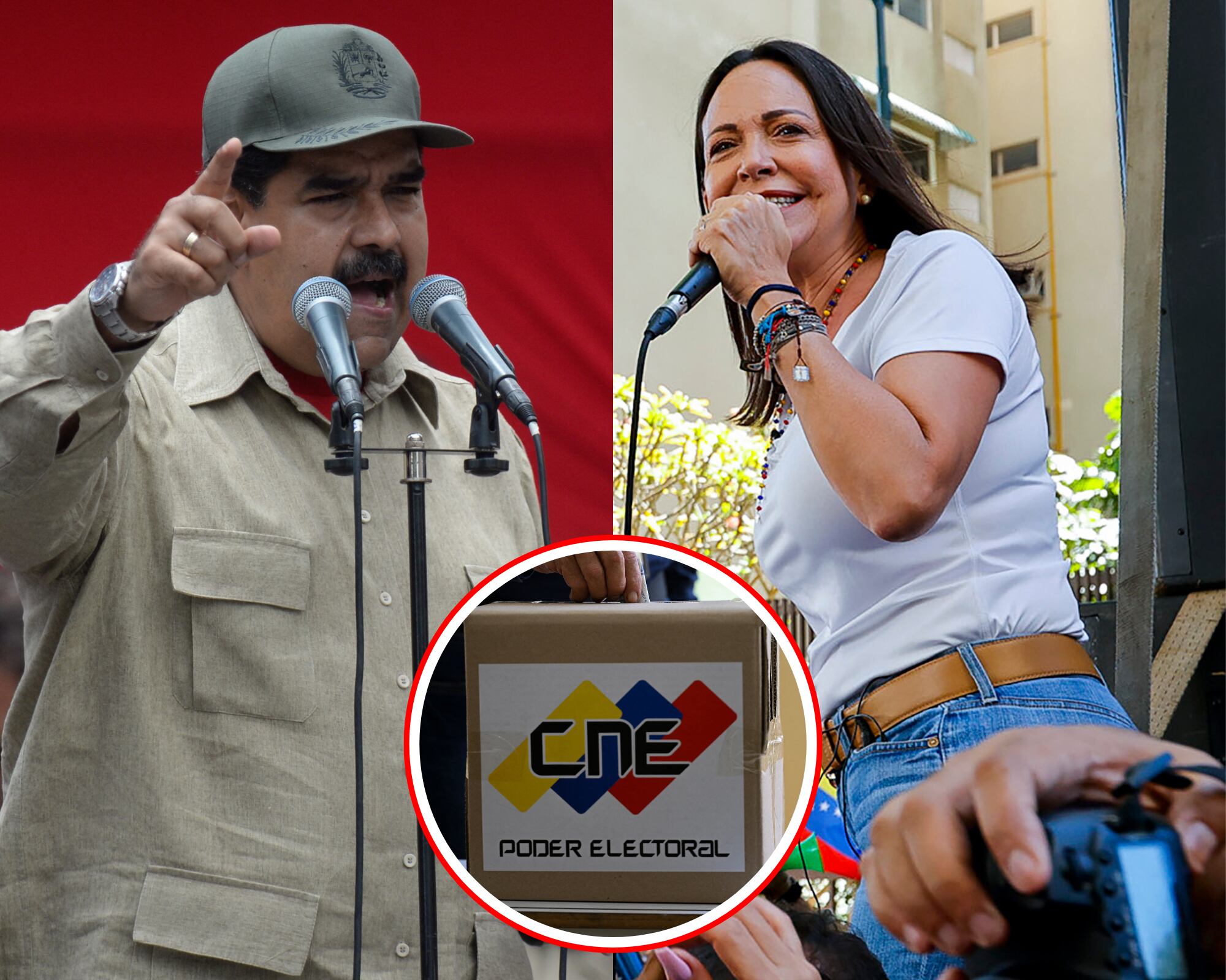 El líder del chavismo, Nicolás Maduro (i) y la líder de la oposición en Venezuela, María Corina Machado (d) en medio de la campaña presidencial. 
(foto: Getty / Caracol Radio )