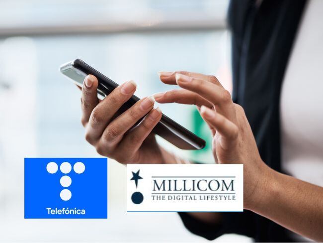 Imagen de referencia y logos de Telefónica y Milicom. / Vía Getty Images y X