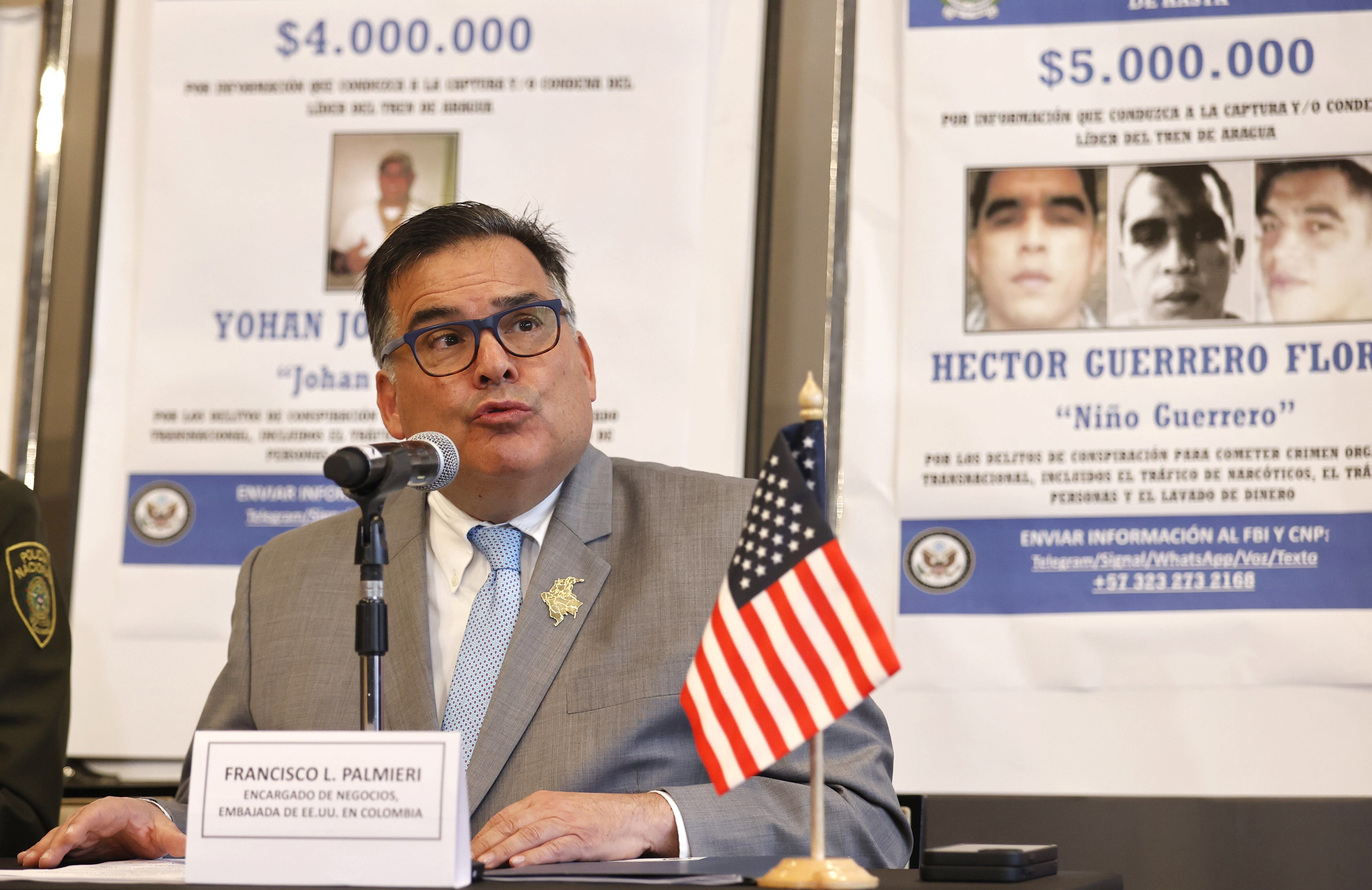 La embajada de Estados Unidos en Colombia y la Policía colombiana informaron que ofrecerán un total de 12 millones de dólares por la captura de tres líderes de la organización criminal transnacional Tren de Aragua./EFE/Mauricio Dueñas Castañeda