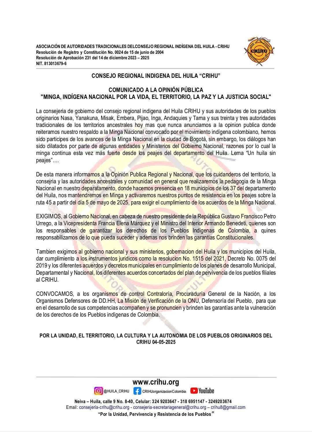 Más de mil miembros de la Guardia Indígena se encuentran en asamblea. Foto CRIHU