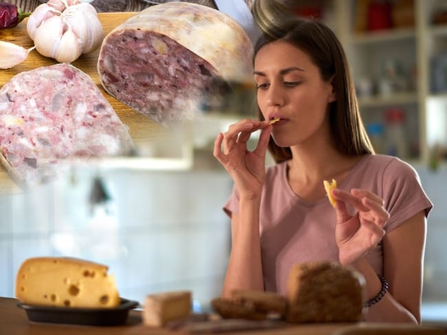 Mujer comiendo queso // referencia queso de cabeza de cerdo // Getty Images