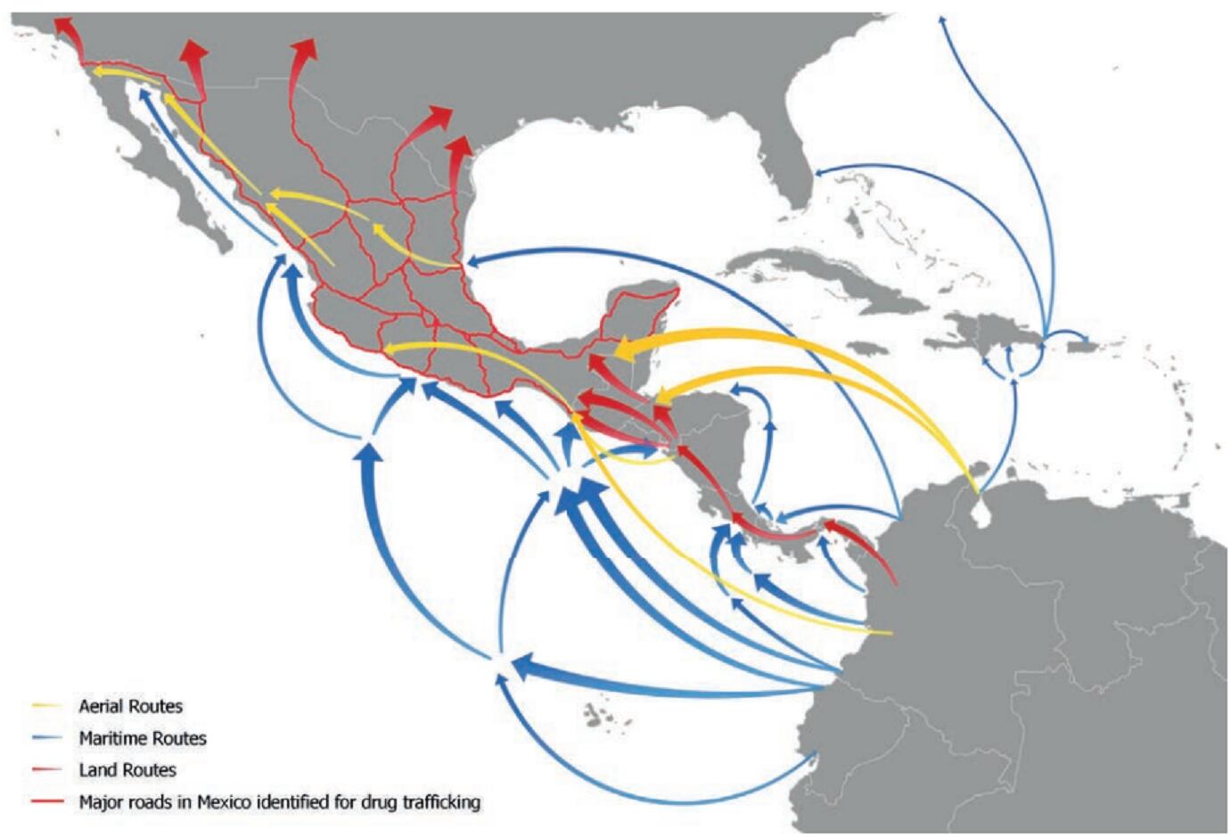 Rutas aéreas (amarillo), marítimas (azul) y terrestres (rojo) que utilizan grupos narcotraficantes para enviar cocaína desde Suramérica hacia Norteamérica. 
(Foto: UNODC)