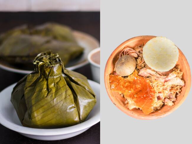 En la parte derecha se encuentra un tamal y en la parte derecha un plato de lechona (Fotos vía Getty Images)