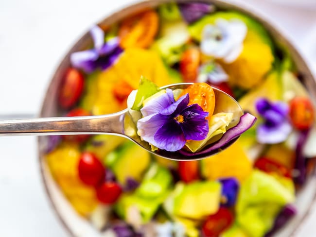 Variedad de flores comestibles en un plato y cuchara (Foto vía Getty Images)