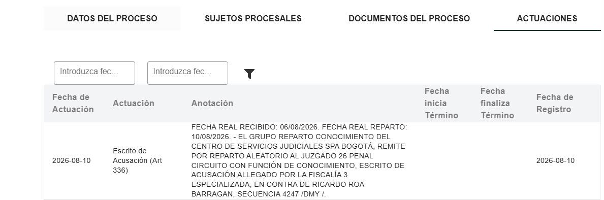 Información de la Rama Judicial sobre el caso de Ricardo Roa.
