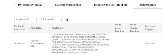 Información de la Rama Judicial sobre el caso de Ricardo Roa.