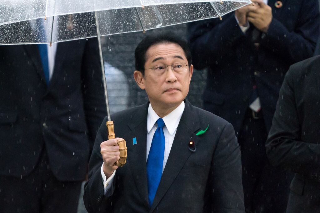 URAYASU, JAPAN - APRIL 15: Japan's Prime Minister Fumio Kishida (C) attends an election rally on April 15, 2023 in Urayasu, Chiba, Japan. Kishida evacuated unharmed at an event for a by-election held in Wakayama after a smoke bomb was thrown at him. (Photo by Tomohiro Ohsumi/Getty Images)