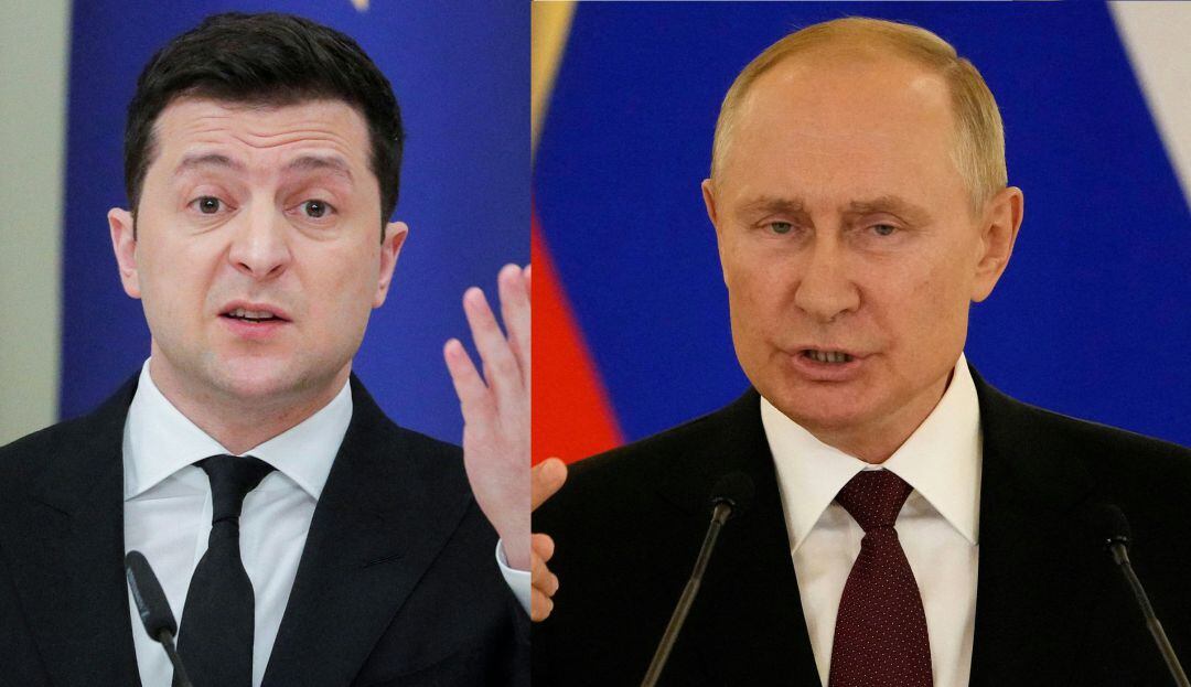 El presidente ucraniano, Vladimir Zelenski (izq) y el presidente ruso, Vladimir Putin (der).