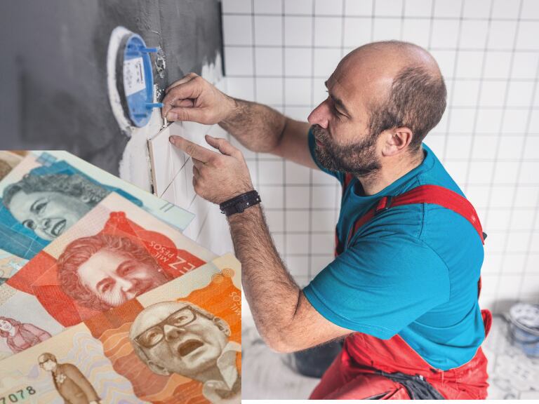Maestro arreglando baño y dinero colombiano, imágenes de referencia // Getty Images