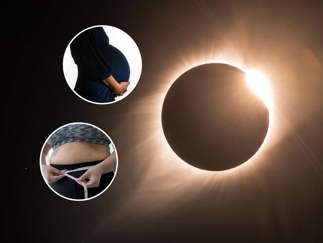 De fondo, eclipse solar de 2017 en Estados Unidos. En los círculos se ven las imágenes de una embarazada y una mujer midiendo su abdomen con un metro / Fotos: GettyImages