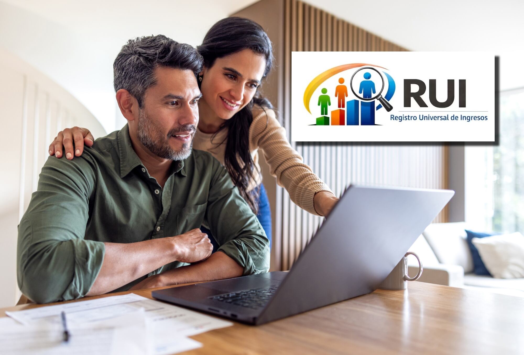 Imagen de referencia de personas usando computador y logo del RUI. Fotos: Getty Images / Ventanilla Social RUI