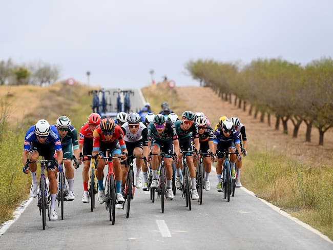 CARAVACA DE LA CRUZ, SPAIN - SEPTEMBER 03: (L-R) Edward Planckaert of Belgium, Kaden Groves of Australia and Team Alpecin-Deceuninck - Green points jersey, Sepp Kuss of The United States and Team Jumbo-Visma - Red Leader Jersey, Antonio Tiberi of Italy and Team Bahrain - Victorious, João Almeida of Portugal and UAE Team Emirates, Nico Denz of Germany, Aleksandr Vlasov of Russia and Team BORA - Hansgrohe, Remco Evenepoel of Belgium and Team Soudal - Quick Step and Einer Augusto Rubio Reyes of Colombia and Movistar Team compete in the chase group during the 78th Tour of Spain 2023, Stage 9 a 184,5 stage from Cartagena to Collado de la Cruz de Caravaca 1089m / #UCIWT / on September 03, 2023 in Collado de la Cruz de Caravaca, Spain. (Photo by Tim de Waele/Getty Images)