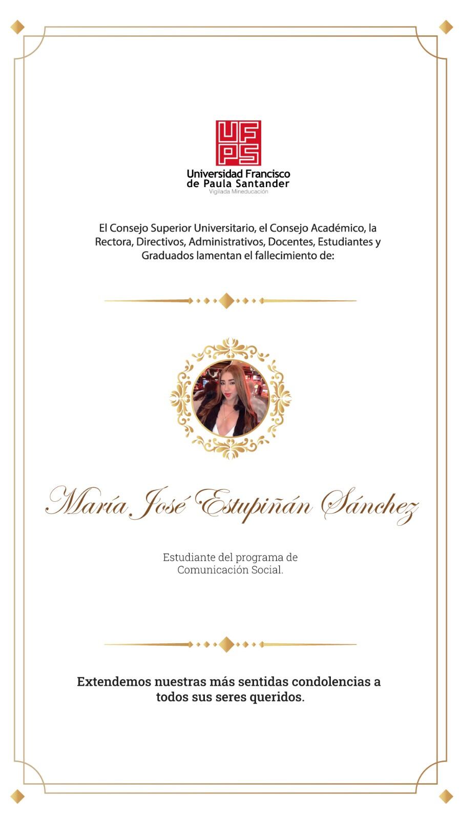 Universidad se solidariza con joven asesinada. / Foto: Cortesía UFPS.