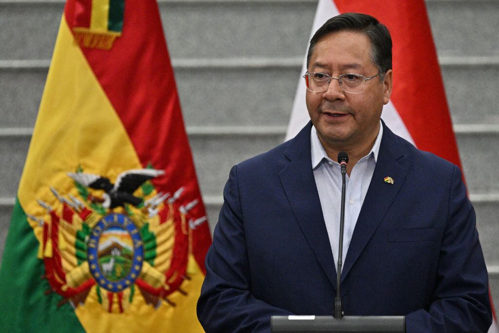Bolivia's President, Luis Arce Catacora, speaks to assistance during a ceremony to sign a memorandum of understanding with the President of Paraguay in La Paz on June 13, 2024. (Photo by AIZAR RALDES / AFP) (Photo by AIZAR RALDES/AFP via Getty Images)