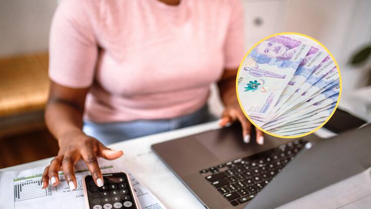 Mujer usando un computador y la calculadora de su celular para saber cuánta prima deben pagarle. En el círculo, imagen del billete de 50 mil pesos colombianos / Fotos: GettyImages