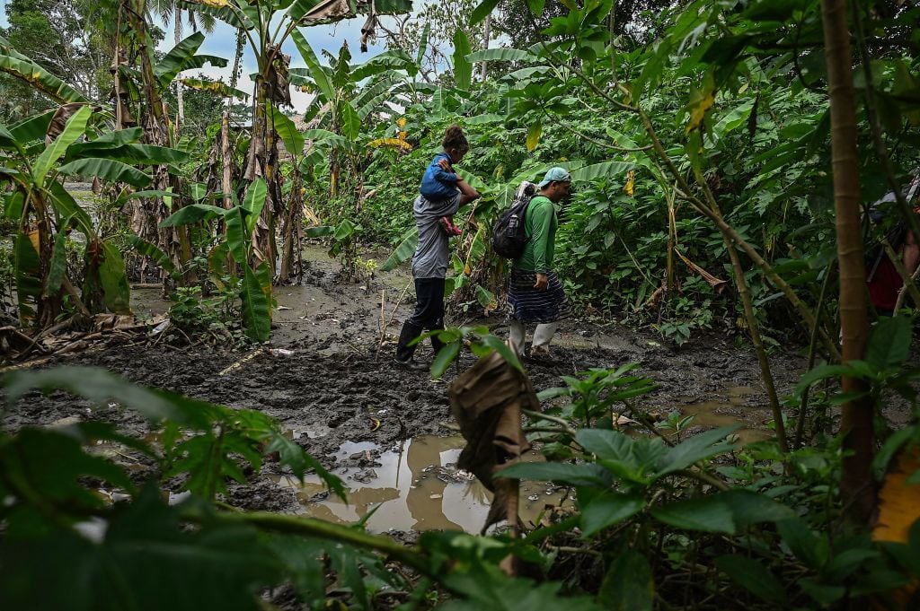 Venezuelan migrants arrive at Canaan Membrillo village, the first border control of the Darien Province in Panama, on October 13, 2022. - The clandestine journey through the Darien Gap usually lasts five or six days at the mercy of all kinds of bad weather: snakes, swamps and drug traffickers who use these routes to take cocaine to Central America. - TO GO WITH AFP STORY BY JUAN JOSE RODRIGUEZ (Photo by Luis ACOSTA / AFP) / TO GO WITH AFP STORY BY JUAN JOSE RODRIGUEZ (Photo by LUIS ACOSTA/AFP via Getty Images)