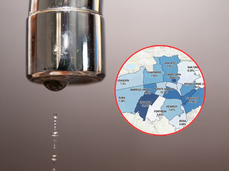 Llave goteando por la falta de agua / Mapa de Bogotá sobre racionamiento de agua (Getty Images / Acueducto de Bogotá)
