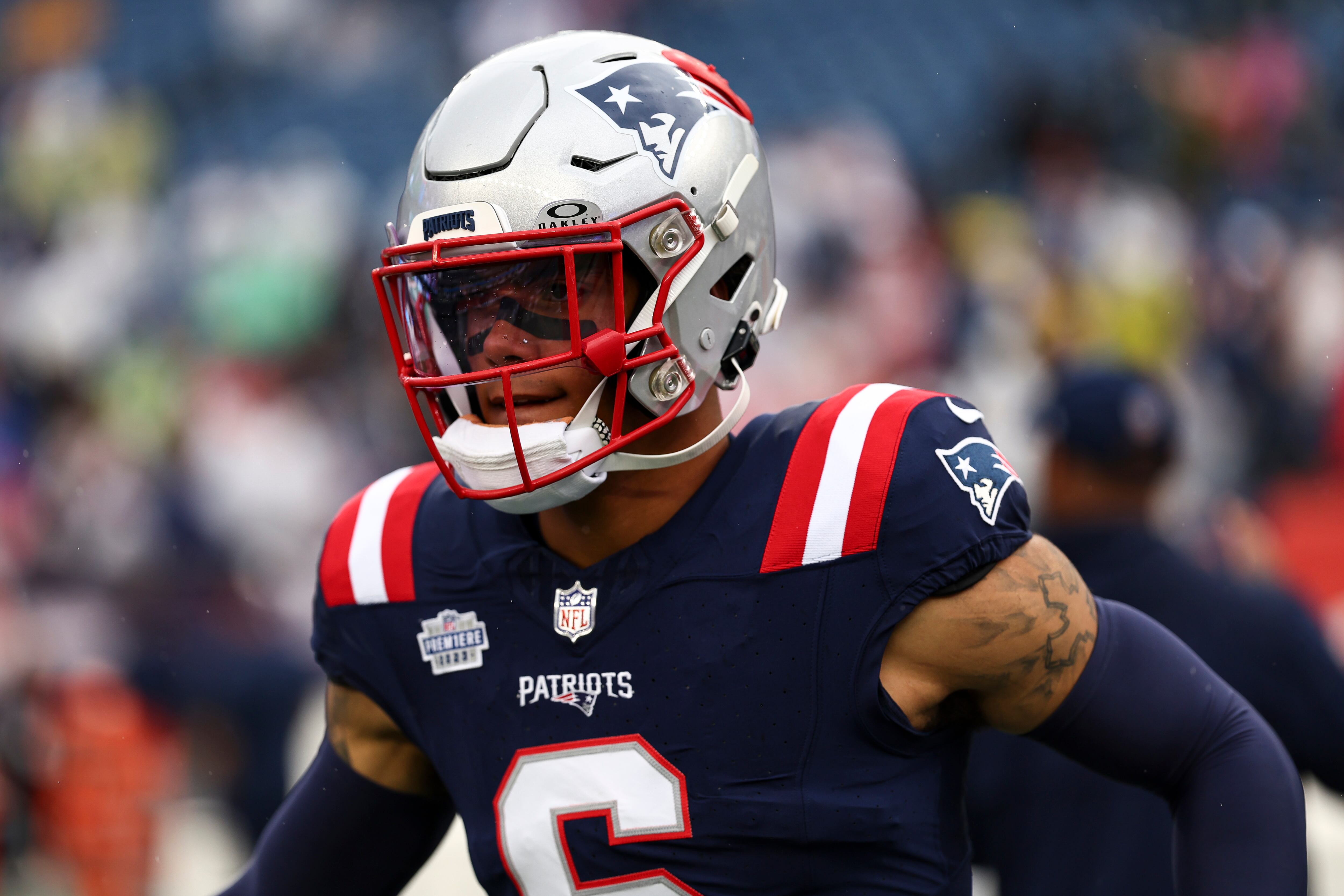 Christian González, cornerback colombiano de los Patriots. (Photo by Kevin Sabitus/Getty Images)