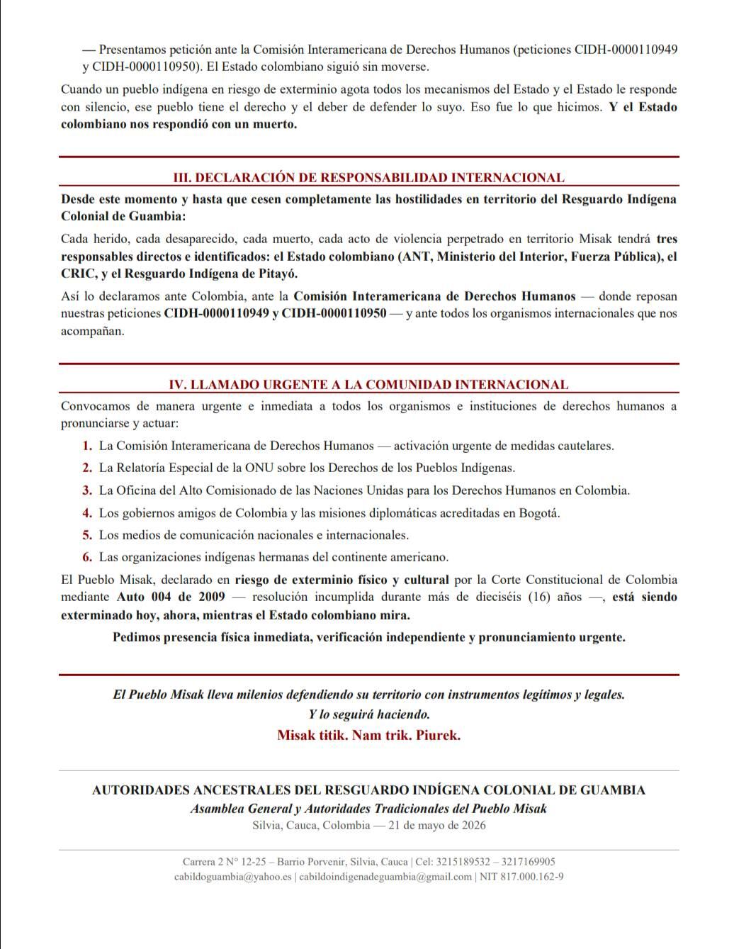 Comunicado Resguardo Indígena Colonial de Guambía II