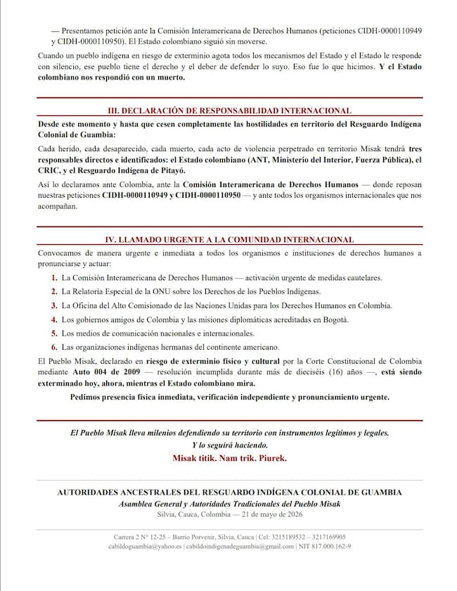 Comunicado Resguardo Indígena Colonial de Guambía II