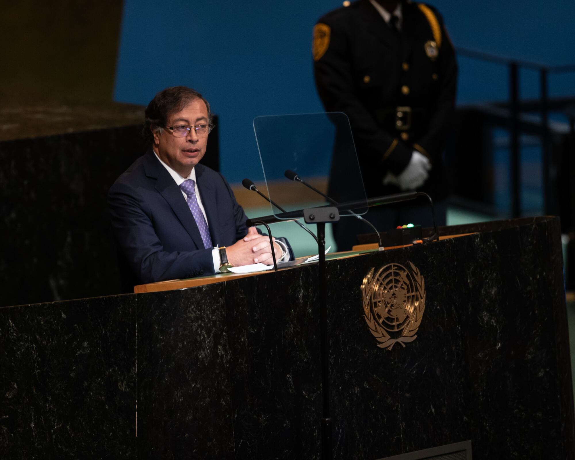 El presidente colombiano, Gustavo Petro, dando su discurso ante la Asamblea General de Naciones Unidas. 
(Foto:   Getty / Caracol Radio )