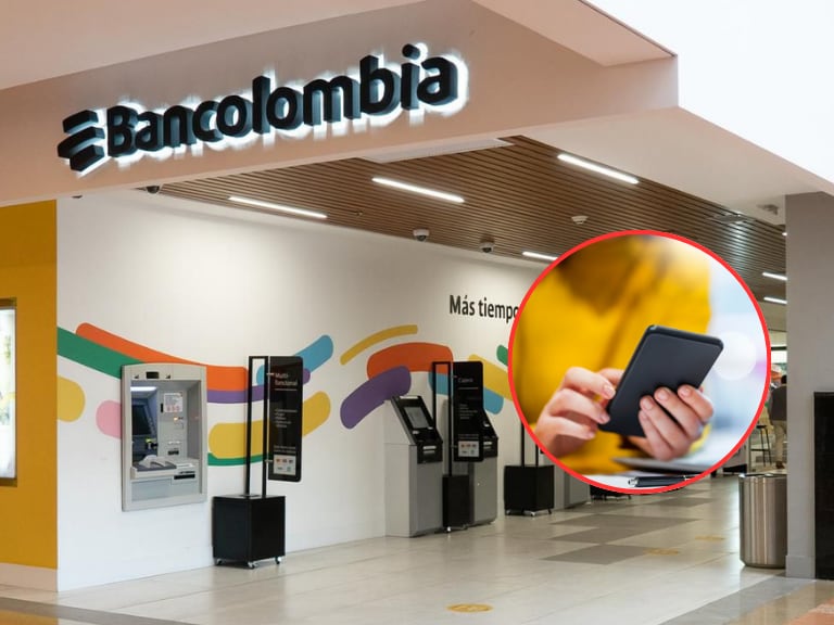 Mujer con un celular y al fondo una de las oficinas de Bancolombia (Fotos vía cortesía de Bancolombia y Getty Images)