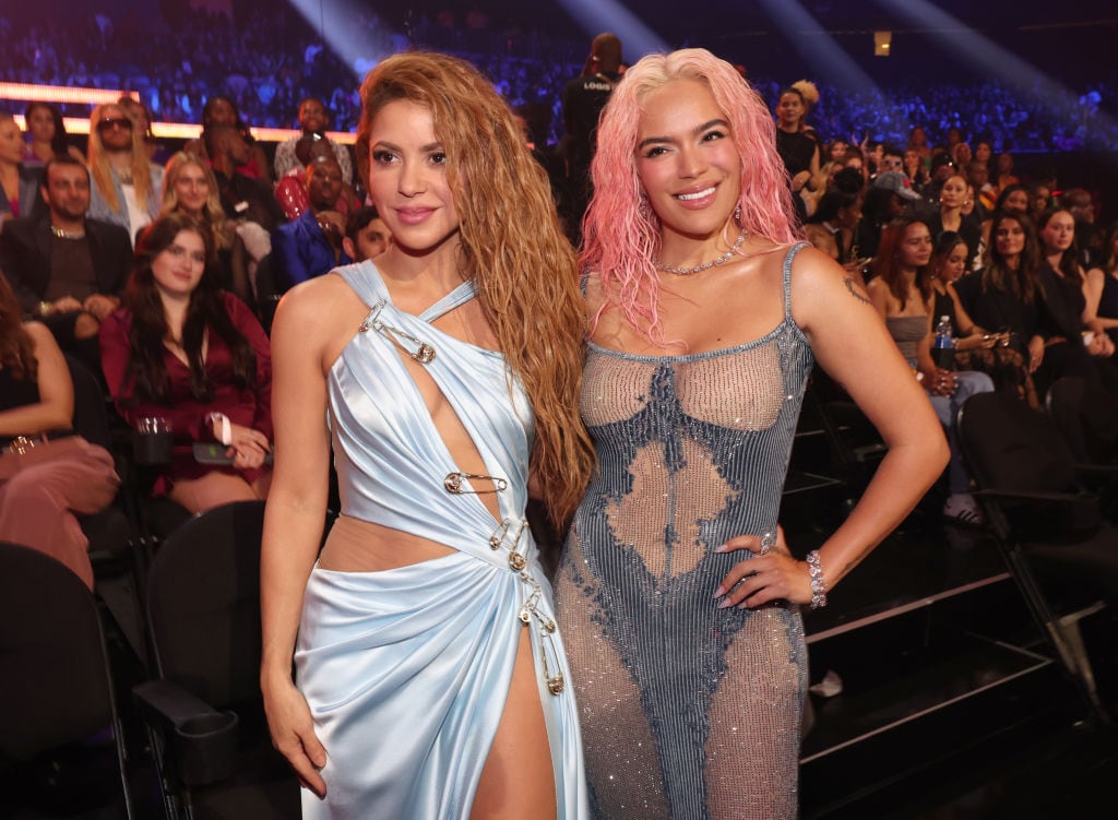 Shakira and Karol G at the 2023 MTV Video Music Awards held at Prudential Center on September 12, 2023 in Newark, New Jersey. (Photo by Christopher Polk/Variety via Getty Images)