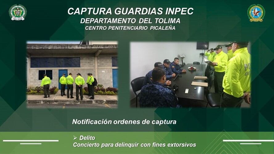 Siete guardias del Inpec capturados en operación contra extorsión carcelaria. Foto: Cortesía Gaula Policía Nacional