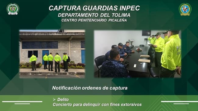 Siete guardias del Inpec capturados en operación contra extorsión carcelaria. Foto: Cortesía Gaula Policía Nacional