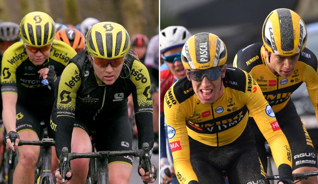El equipo Mitchelton-Scott (izq.) y el Jumbo-Visma (der.)