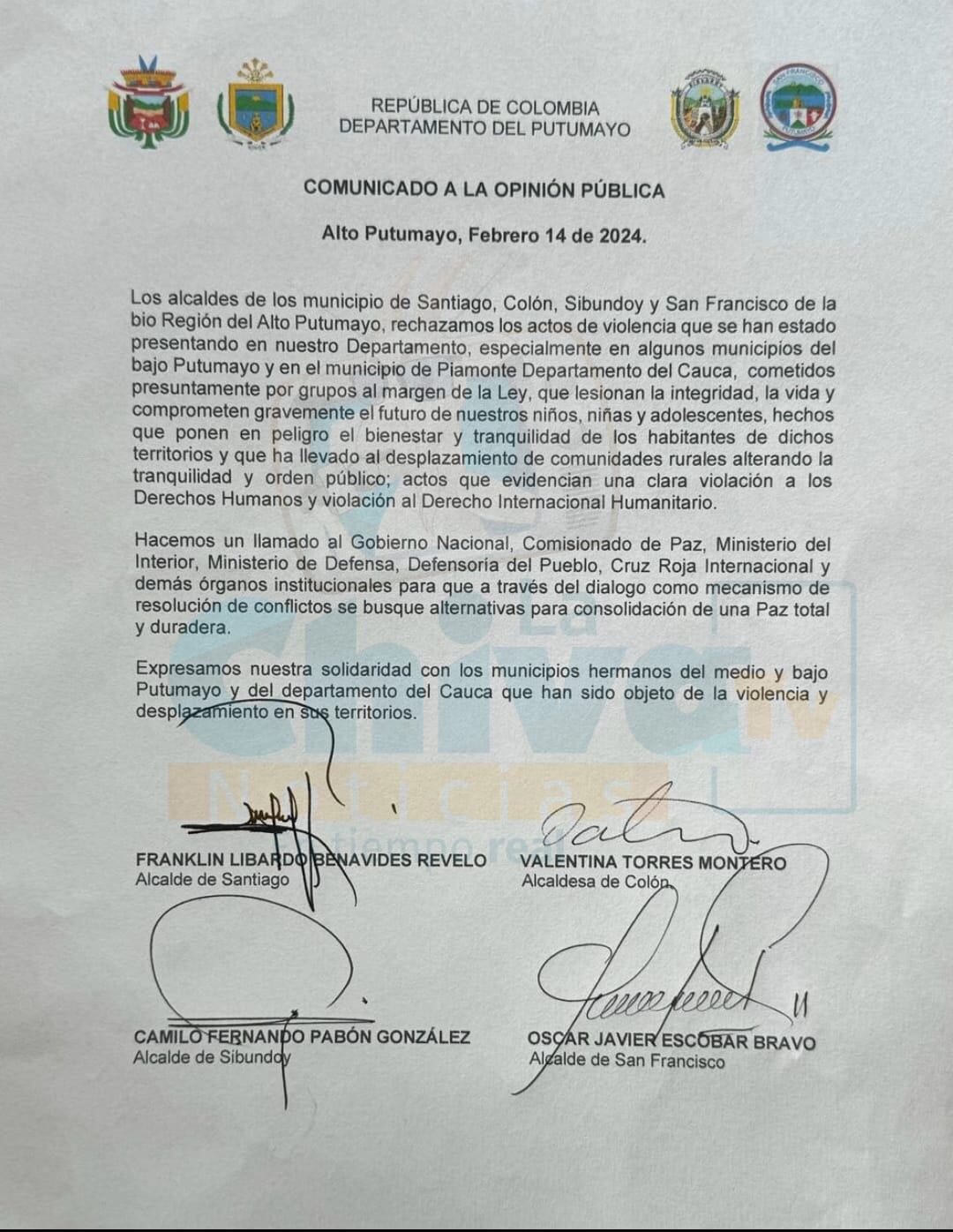 A través de un comunicado los mandatarios manifestaron su posición de rechazo frente a la situación de violencia que padecen en el territorio.