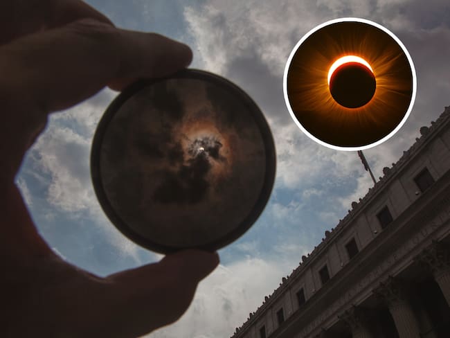 Persona visualizando un eclipse solar a través de un lente para eclipses y de fondo un eclipse solar anular en forma de &#039;Anillo de Fuego&#039; (Fotos vía Getty Images)