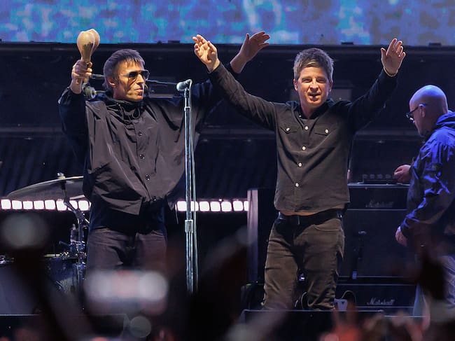 Liam Gallagher, Noel Gallagher of Oasis perform onstage at the Oasis Live '25 World Tour held at the Rose Bowl on September 07, 2025 in Pasadena, California. (Photo by Rich Polk/Variety via Getty Images)