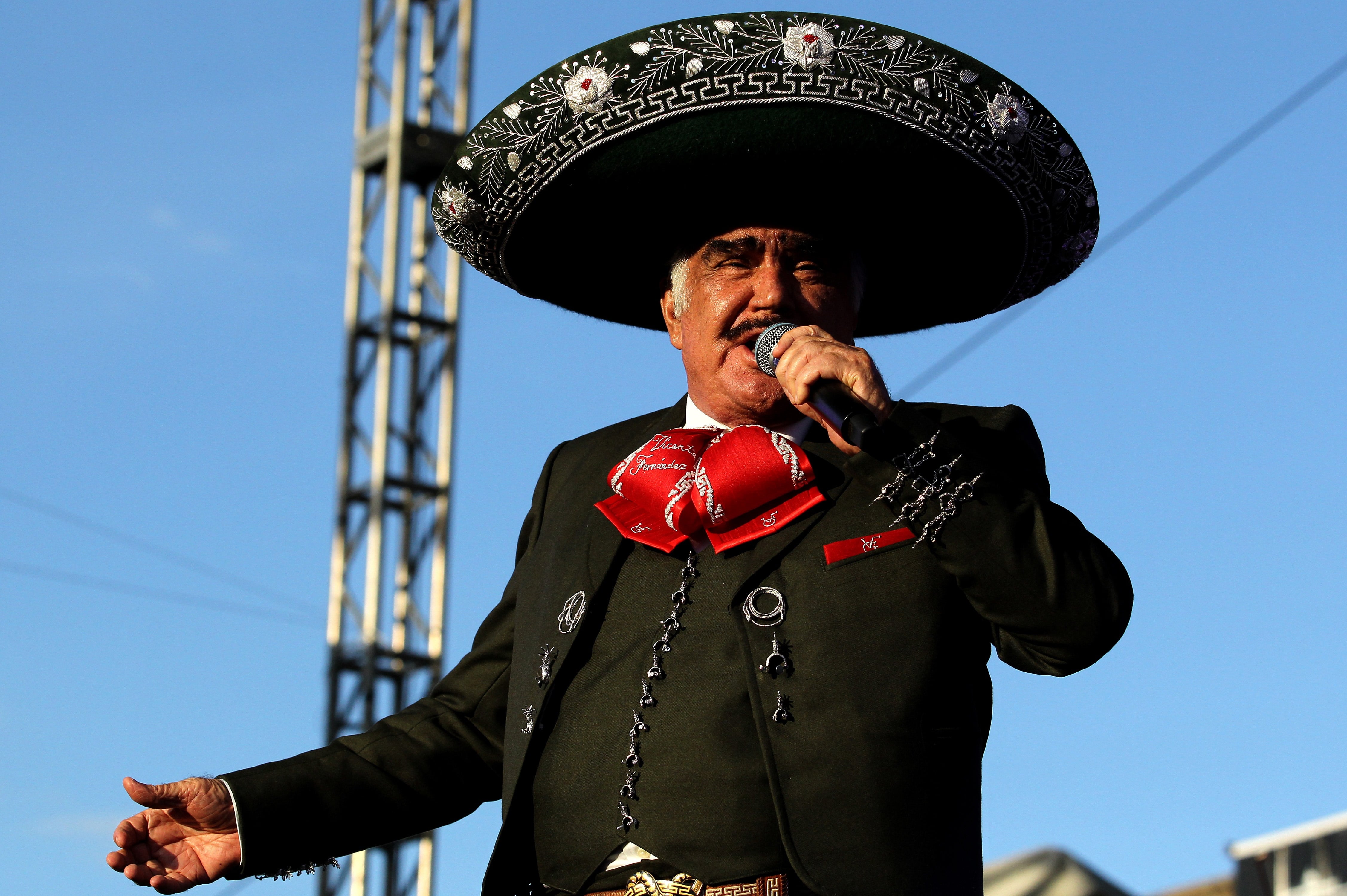 Mexican singer, actor and film producer Vicente Fernandez, known as 'El Rey de la Musica Ranchera' (The King of Ranchera Music), sings during the unveiling of a life-size statue in his honour, at the Mariachis square in Guadalajara, state of Jalisco, Mexico, on October 6, 2019. - Fernandez, the most important representative of ranchera music in Mexico, was honoured for his musical career. (Photo by Ulises RUIZ / AFP) (Photo by ULISES RUIZ/AFP via Getty Images)