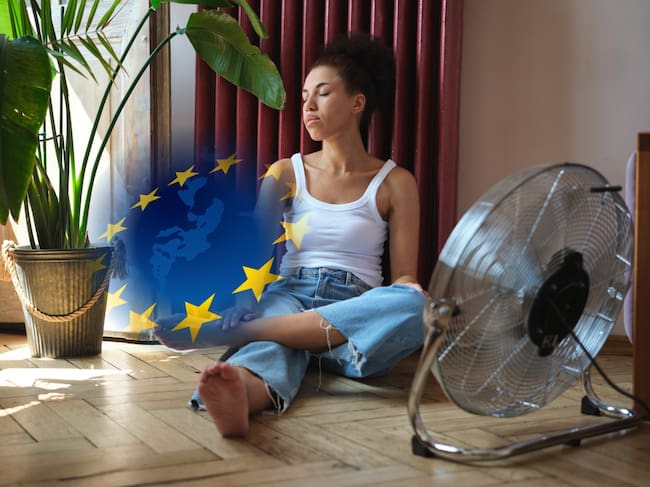 Imágenes de referencia de una persona ventilándose en su cuarto ante una ola de calor y la bandera de la Unión Europea (Crédito: getty Images)
